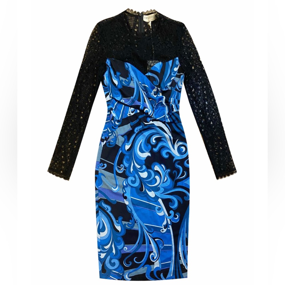 Emilio Pucci Black and Blue Wool Blend Dress w/ Lace Sleeves - Picture 2 of 7